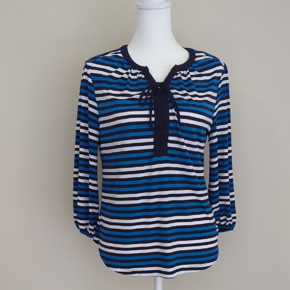 New York And Company Blue and Black Striped Blouse, S